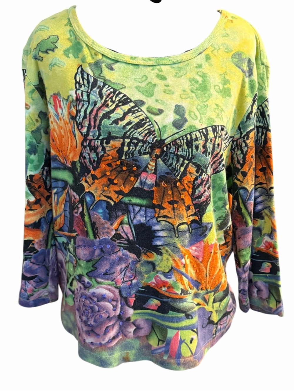 Vintage Take Two Butterfly Garden Art Top Cotton 3/4 Sleeve XL Colorful Floral